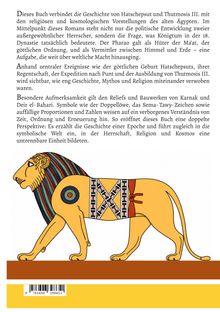 Text erklärt die Geschichte von Hatschepsut und Thutmosis III. Darunter ist eine Illustration eines stilisierten Löwen.