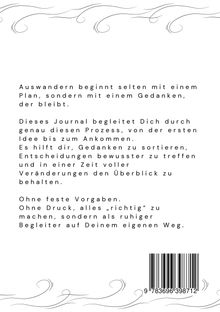 Ein Text beschreibt ein Journal als Begleiter beim Auswandern. Oben und unten geschwungene Verzierungen, unten ein Barcode.