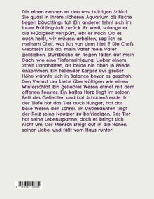 Ein langer, dichter Text über den Schlaf, Tiere, Beziehungen und menschliches Verhalten. Ein Barcode unten links.