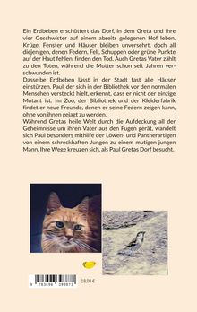 Text beschreibt ein Erdbeben im Dorf, wo Greta lebt. Unten Illustrationen einer Katze und eines Vogels. Preis: 18,00 €.