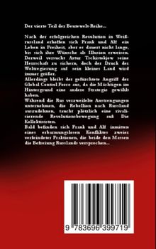 Roter Hintergrund mit weißer Schrift. Ein Text beschreibt die Handlung eines Romans, darunter ein Barcode.