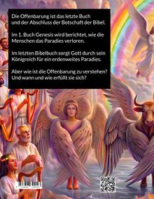 Text erklärt Offenbarung als letztes Buch der Bibel, erwähnt Genesis, Gottes Königreich und Fragen zur Offenbarung. Bunte Illustration: Engel mit Flügeln, Menschen mit Harfen, Regenbogen.