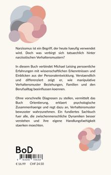 Text über Narzissmus und dessen Auswirkungen, Buchbeschreibung von Michael Leising, Preisangaben, BoD-Logo, bunte abstrakte Kreise.