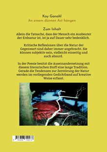 Gelbes Cover mit dem Titel "An einem dünnen Ast hängen" von Kay Ganahl. Bild: roter Stoff am Boden neben Baum.