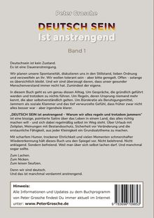 Text: "DEUTSCH SEIN ist anstrengend, Band 1". Beschreibung eines Buches über den deutschen Alltag mit Humor und Satire.