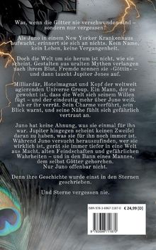 Text über eine mysteriöse Frau namens Juno, die in New York erwacht. Blitze, Feder und strukturierter Hintergrund ergänzen die Atmosphäre.