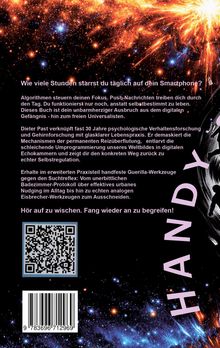 Text über Smartphone-Nutzung und Reizüberflutung. Hintergrund: explodierende Galaxie. Rechtsseitig: QR-Code und Strichcode.