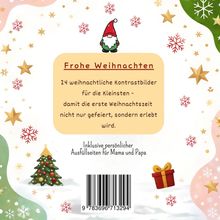 "Frohe Weihnachten. 24 weihnachtliche Kontrastbilder für die Kleinsten. Inklusive Ausfüllseiten für Mama und Papa." Gestaltungsrahmen mit Sternen und Schneeflocken, Weihnachtsbaum, Geschenk und Weihnachtsmann-Illustration.