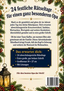 "24 festliche Rätseltage für einen ganz besonderen Opa." Umgeben von weihnachtlichen Zweigen und einer Laterne.