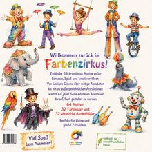 "Willkommen zurück im Farbenzirkus! Viel Spaß beim Ausmalen!" Illustrationen von Zirkusfiguren und -tieren in bunten Farben.