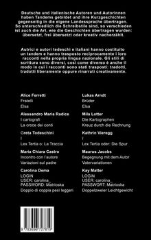 Texte auf Deutsch und Italienisch über Autoren, die Geschichten übersetzen. Unten Autorenliste mit Titeln. Barcode am Ende.