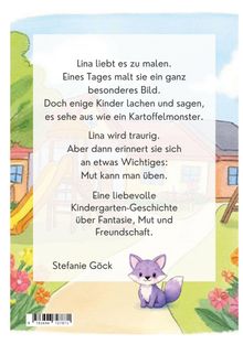 Text über Linas Bild, Mut und Freundschaft. Bunte Illustration eines Kindergartens mit Blumen und einem lila Fuchs.