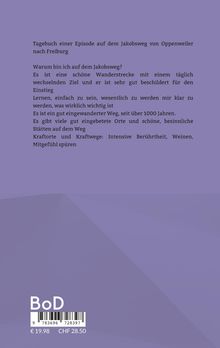 Text über Jakobsweg-Episode, Fragen nach Motivationen, historischen Pfaden, spirituellen Orten. Unten: Preisangabe, Barcode.