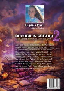 Titel: "Bücher in Gefahr". Text: Abenteuer für Kinder ab 8 Jahren. Bild: Mädchen vor Landschaft. Hintergrund: Fantasie mit Büchern.