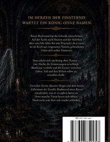 Text über finstere Königreiche: Geheimnisse, Verrat, Magie (u. a. Worte: Raven Blackwood, Eleanor). Links geisterhafte Gestalt.