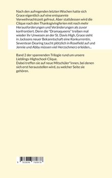 Text über Herausforderungen der Highschool-Clique und neue Mitschülerinnen. Unten ist ein Barcode. Hintergrund hellgelb.