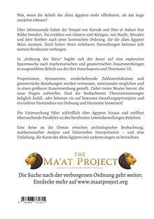 Ein Text erkundet mathematische und geometrische Zusammenhänge in ägyptischen Reliefs und erwähnt das Ma'at Project. Unten ein Logo mit Löwenköpfen und der Webseite www.maatproject.org.