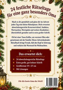 "24 festliche Rätseltage für eine ganz besondere Oma." Weihnachtlich gestaltetes Layout mit Tanne, Kerzen und Laterne.