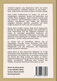 Ein Text beschreibt den Weg durch Depression, Alkohol als Bewältigungsstrategie und die Rückkehr ins Leben. Unten ein Barcode.