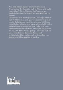Texte über Blütenträume, Erwartungen der Knospen, sprachliche Schönheit, Liebe zum Wort. Logo unten: BoD. Preisangabe.