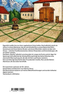 Text über ein Abenteuer mit einer Katze, Freundschaft und Mut. Illustration eines Bauernhofs mit Bergen im Hintergrund.