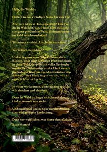 Text über eine Waldfee namens Holla auf einem Waldhintergrund. Verweis auf ein Abenteuer im dichten Gehölz.