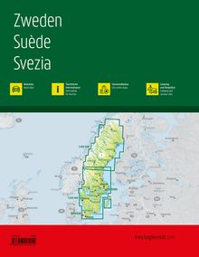 "Zweden, Suède, Svezia" in weißem Text auf grünem Hintergrund. Darunter eine Karte von Schweden mit eingezeichneten Bereichen.