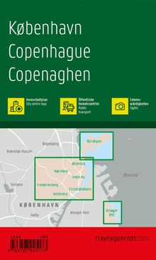 "København, Copenhague, Copenaghen" mit Stadtplan und Sehenswürdigkeiten-Piktogrammen, Karte von Kopenhagen.