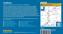 "ViaRhôna: Am Rhône-Radweg vom Genfer See ans Mittelmeer" steht in großen weißen Buchstaben. Links ist ein langer Text über Reiseerlebnisse. Rechts ein Kartenausschnitt der Route. Ein oranges Kästchen oberhalb weist auf aktuelle Infos zur Strecke hin. Unten links ein "bikeline" Logo. Unten rechts steht "720 km".