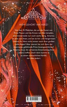 WEM GEHÖRT IHR HERZ? Von den 35 Mädchen kämpfen sechs um Prinz Maxon. Hinzu ein Vorfall, der alles ändert. Verschnörkeltes Muster.