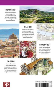 "Inspirieren: Stimmungsvolle Bilder. Planen: Kompakte Infos. Entdecken: Kunst, Geschichte. Erleben: 3-D-Illustrationen."  
Bilder von Landschaften, Gebäuden und Blumen. DK-Logo.