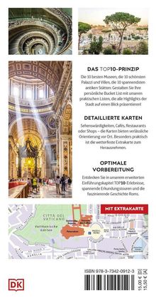 "Das Top10-Prinzip", detaillierte Karten und optimale Vorbereitung. Drei Fotos: Wendeltreppe, römische Ruinen, Kircheninnenraum.