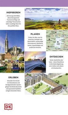 INSPIRIEREN, PLANEN, ENTDECKEN, ERLEBEN. Fotos von Landschaften, Karten, Architektur und ein Logo mit den Buchstaben DK.