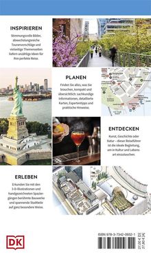 TITEL: "INSPIRIEREN", "ERLEBEN", "PLANEN", "ENTDECKEN". Fotos von Natur, Stadt, Cocktail, Freiheitsstatue, Karte und Architektur.