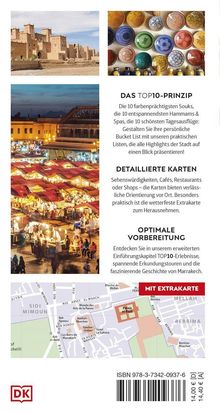 "DAS TOP10-PRINZIP" zeigt Souks und Tagesausflüge. Fotos von Architektur und bunten Keramiken. Kartenbild zeigt Stadtplan.