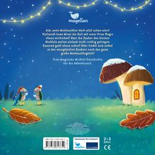 Ein Text erzählt von Winni, der Wichtel, der versucht, Weihnachten mit Magie zu beschleunigen. Illustration zweier Pilze als Haus.
