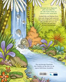 Texte: "Verborgen tief im Regenwald gibt’s einen tollen Ort, der voller bunter Farben ist."
Illustration: Bunte Pflanzen am Wasserfall.