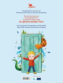 Text über Chaos im Haus durch ein Kind, das "wildes Tier" spielt. Kind öffnet Tür, dahinter Tiere, Logo und ISBN unten.