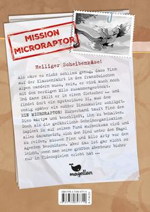 "Mission Microraptor" steht in roter Stempeloptik. Illustration eines fliegenden Dinos. Text erzählt von einem Abenteuer.