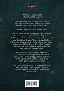 Rückseite eines Buches mit Text über magische Wesen, eine Fee, und Abenteuer in einer Akademie voller Magie. Oben steht "magellan". Unten ist ein Barcode.