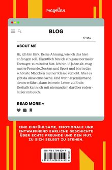 Text oben: "magellan". Blogeintrag von Birk über Teenagerleben, Geheimnisse und Verliebtheit. Unten eine Beschreibung über Freundschaft.