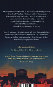 Texte über einen Krimi von Horst Evers und Lob von Marc-Uwe Kling. Silhouette einer Stadt vor einem farbigen Himmel.