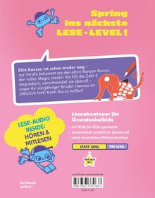 "Spring ins nächste LESE-LEVEL!" Gelbes Maskottchen und gelbes Buch, darunter Comicstil mit Elefant und Ranzen.