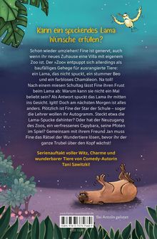 „Kann ein spuckendes Lama Wünsche erfüllen?“ Text beschreibt Umzug, Lamaspucke und Schulabenteuer. Illustration zeigt Lama.