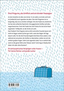 "Drei Pinguine, die Sintflut und ein blinder Passagier." Illustration: Ein blauer Koffer im Regen.