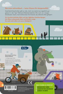 Texte: "Das erste Aufwachbuch — keine Chance für Morgenmuffel!" Illustration einer Stadtstraße mit tierischen Charakteren.