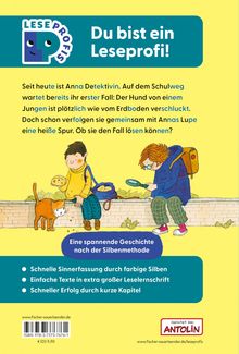 "Du bist ein Leseprofi! Seit heute ist Anna Detektivin." Illustration von zwei Kindern, eines mit Lupe, und einer Katze.