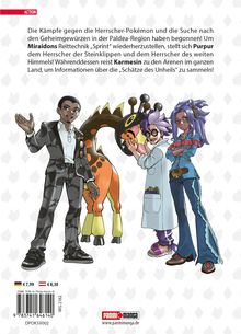 Text über Pokémon-Kämpfe in der Paldea-Region. Drei gezeichnete Figuren und ein oranges, giraffenähnliches Wesen.