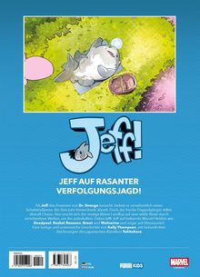 Titel: "Jeff! JEFF AUF RASANTER VERFOLGUNGSJAGD!" Illustration eines kleinen Haies, der auf einer Wiese liegt.