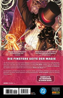 „DIE FINSTERE SEITE DER MAGIE“. Zatanna, Zauberin im Anzug und Zylinder, hebt charmant den Hut in einer magischen Szene.